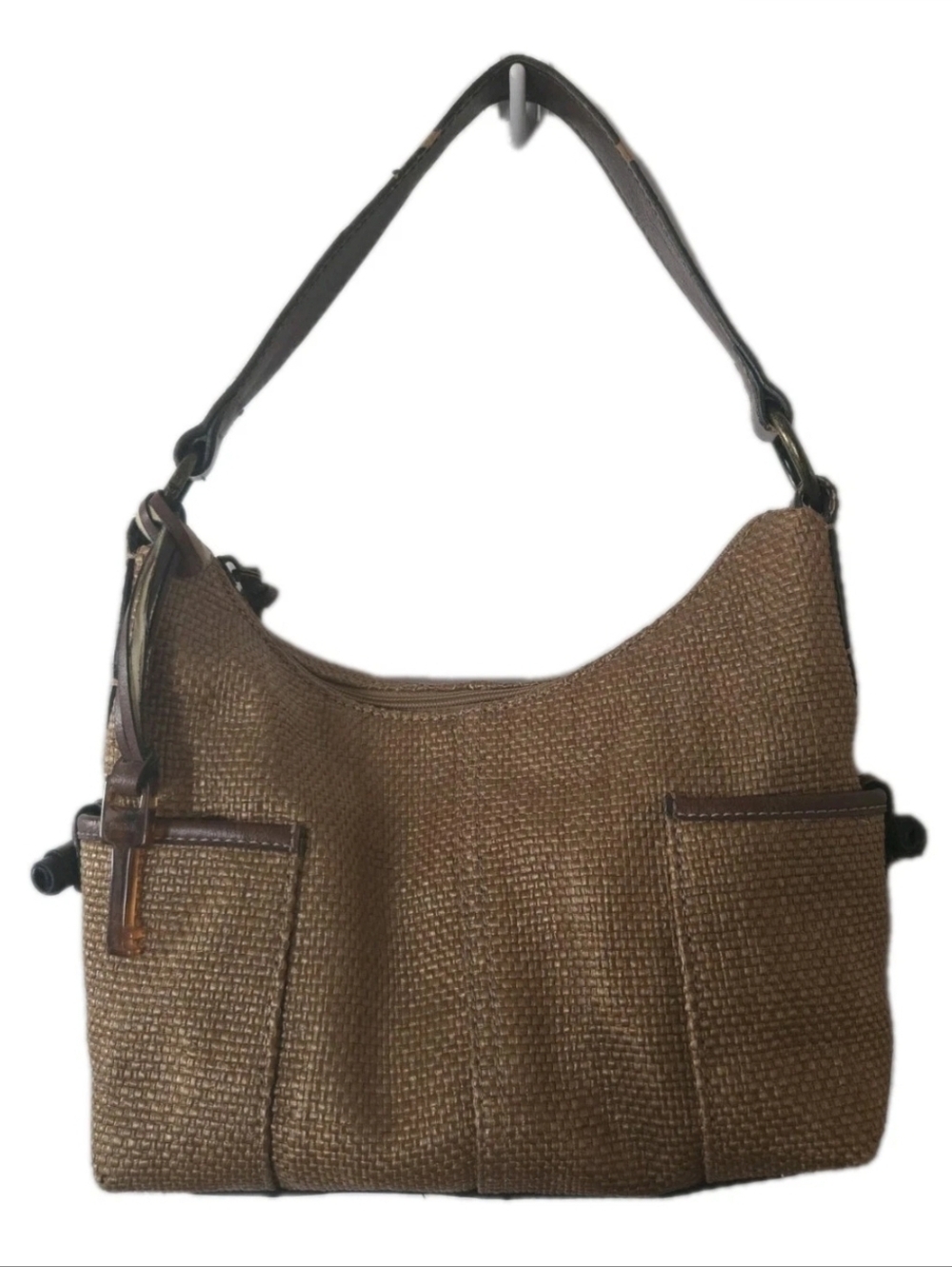 Fossil Classic 1954 Shoulder Bag Purse Brown Woven With Key Charm & Handle Wear